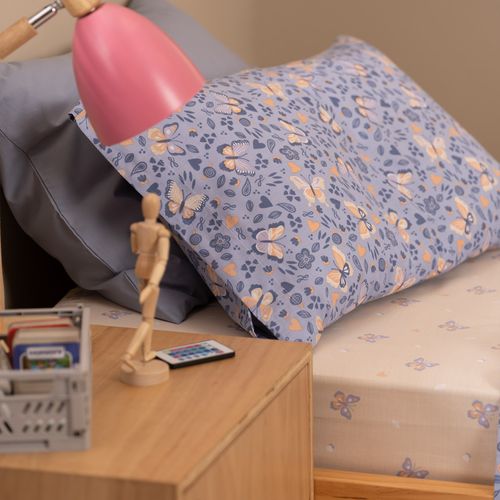 Juego de Sábanas 1 Plaza Algodón Blend Mariposas y Corazones