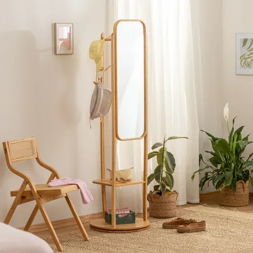 Perchero con Espejo Giratorio 360° de Bambú