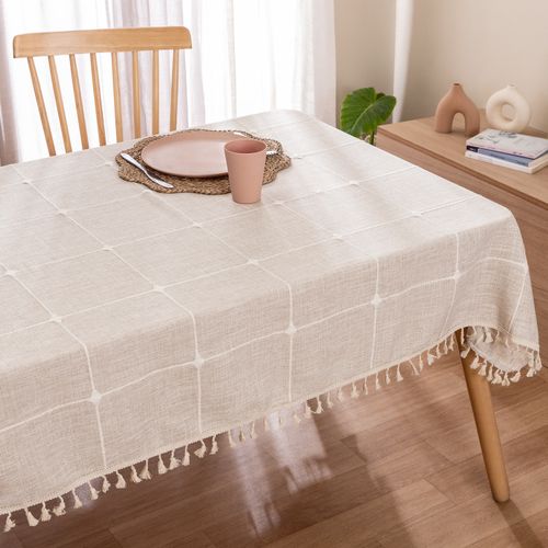 Mantel Rectangular Grande Antimanchas Bordado con Borlas