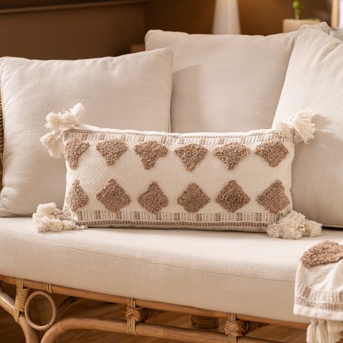 Funda de Almohadón Rectangular Tufted de Rombos y Borlas