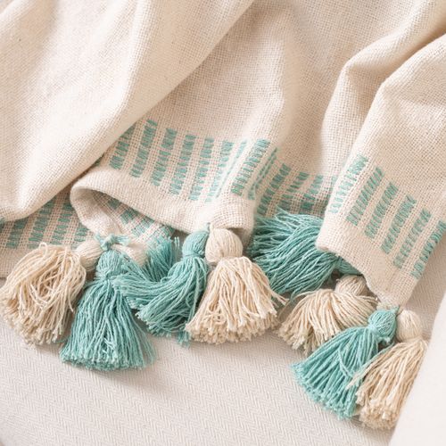 Manta de Algodón Lisa con Detalles y Borlas Bicolor