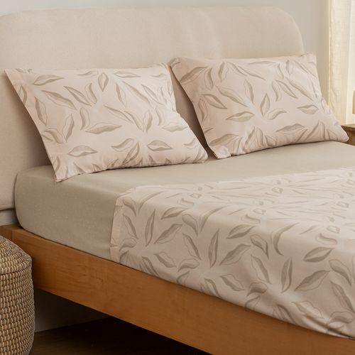 Juego de Sábanas Extra Queen Algodón Blend Hojas y Puntos