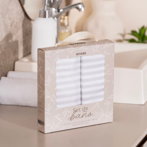 Set de Cortina de Baño Rayada con Ganchos Dobles